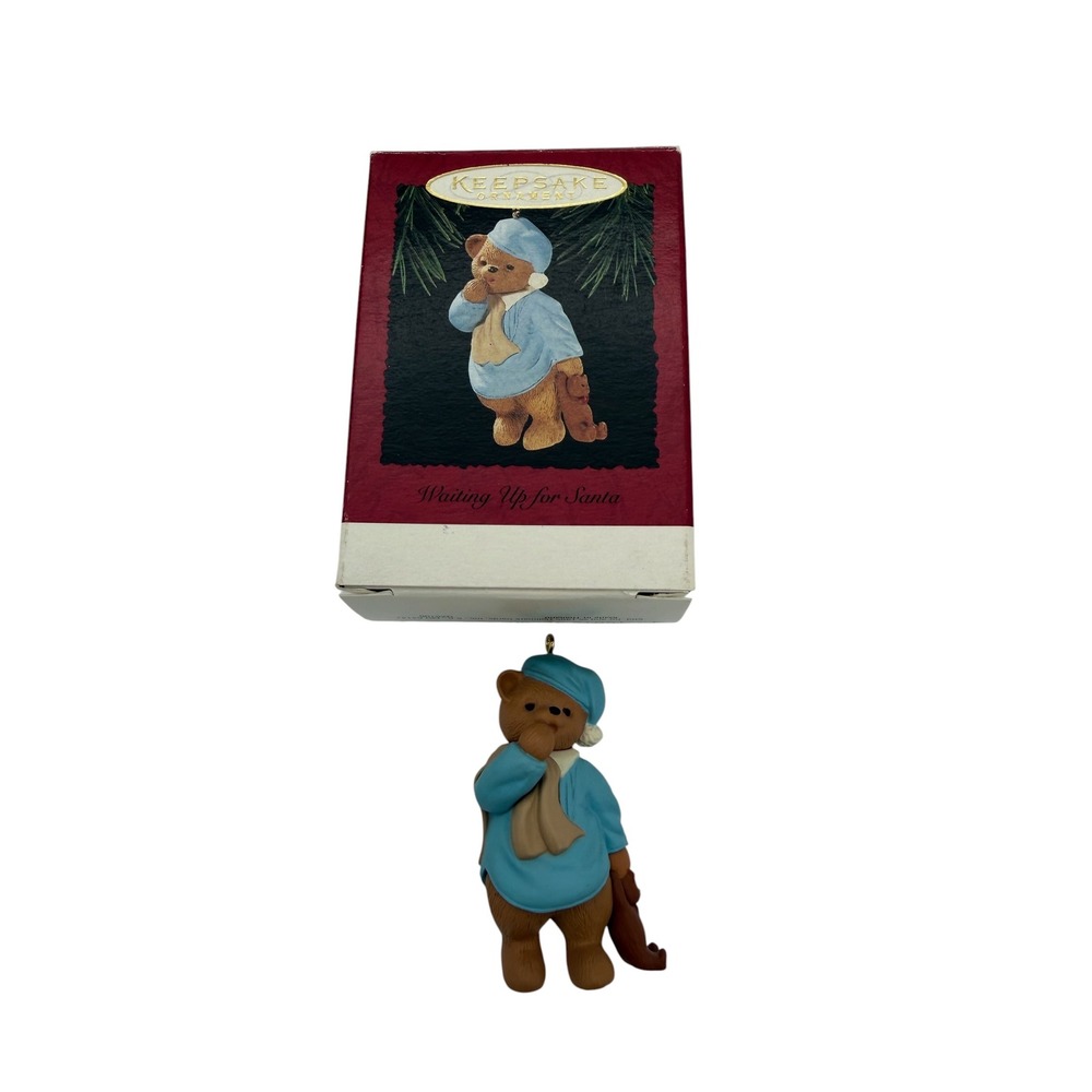 Hallmark Keepsake Ornament 1995 Waiting Up for Santa Teddy Bear Blue Vintage